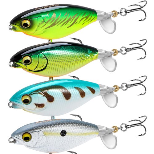 PLUSINNO 4PCS Top Water Fishing Lures for Bass Trout Pike Perch, Plopper Lures with Propeller Tail, Whopper Floating Lure for Freshwater Saltwater