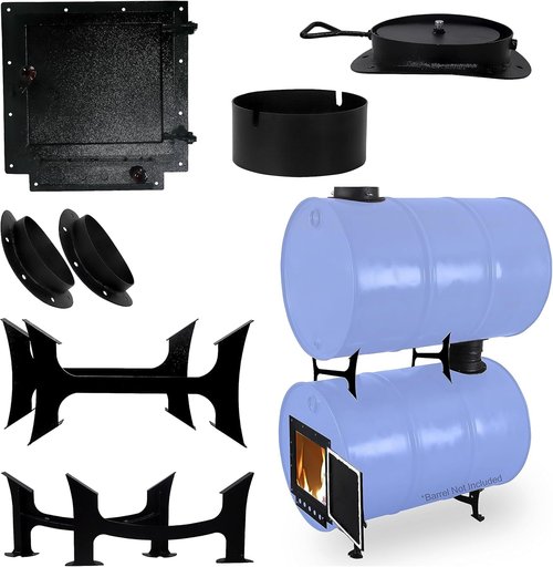 Double Barrel Stove Kit – Perfect For 30 to 55 Gal Drum Wood Stove Kit - Heavy Duty Steel Barrel Camp Stove Kit w/Stove Door - DIY Oil Barrel Stove Kit Heat for Winters in Workshop, Cabin, Garage