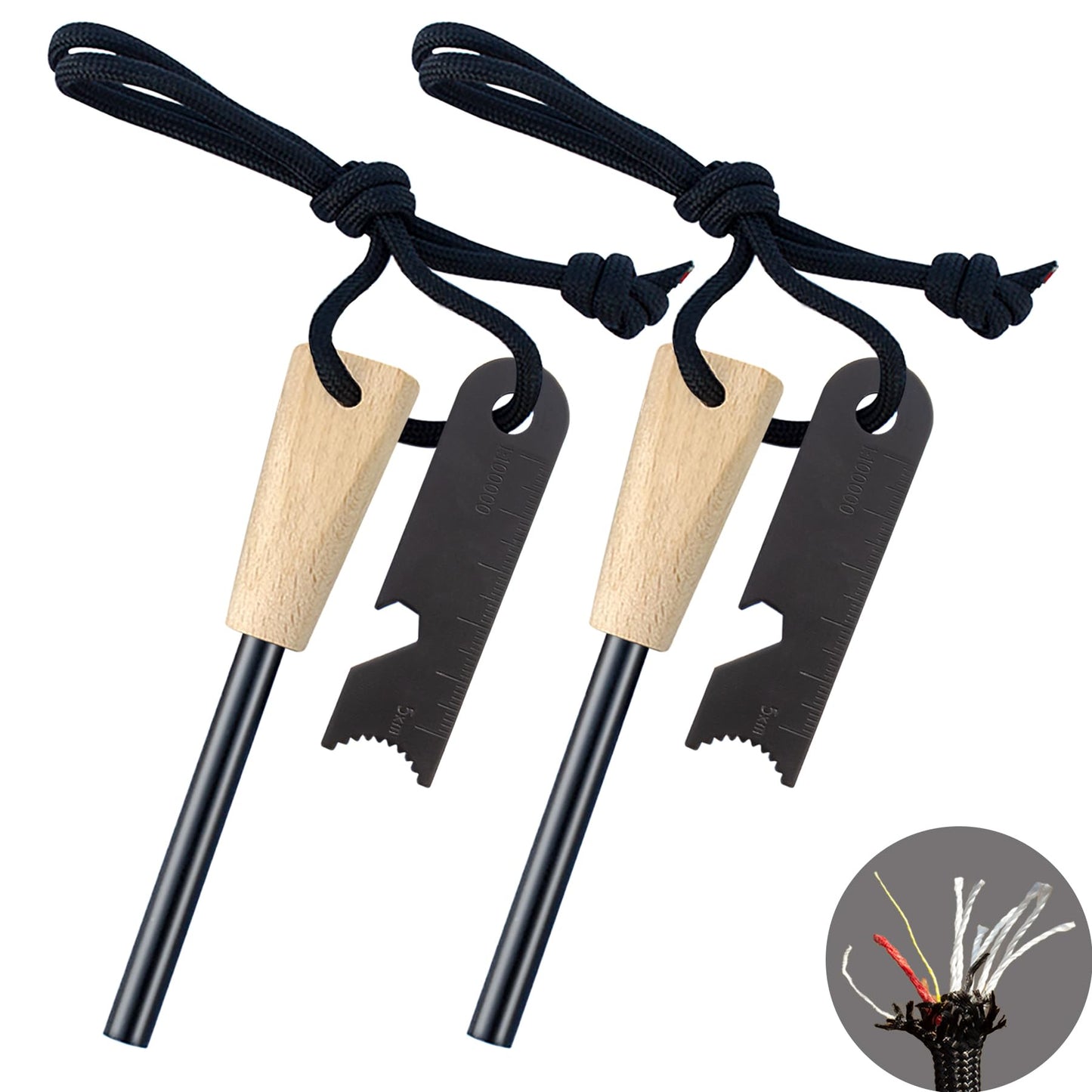 Fire Starter, Traditional Magnesium Ferro Rod, 20,000+ Strikes, Beech Handle, Survival Igniter with Neck Waxed Fire Tinder Paracord (28inch) & 6-in-1 Multi-Tool Striker-2 Packs