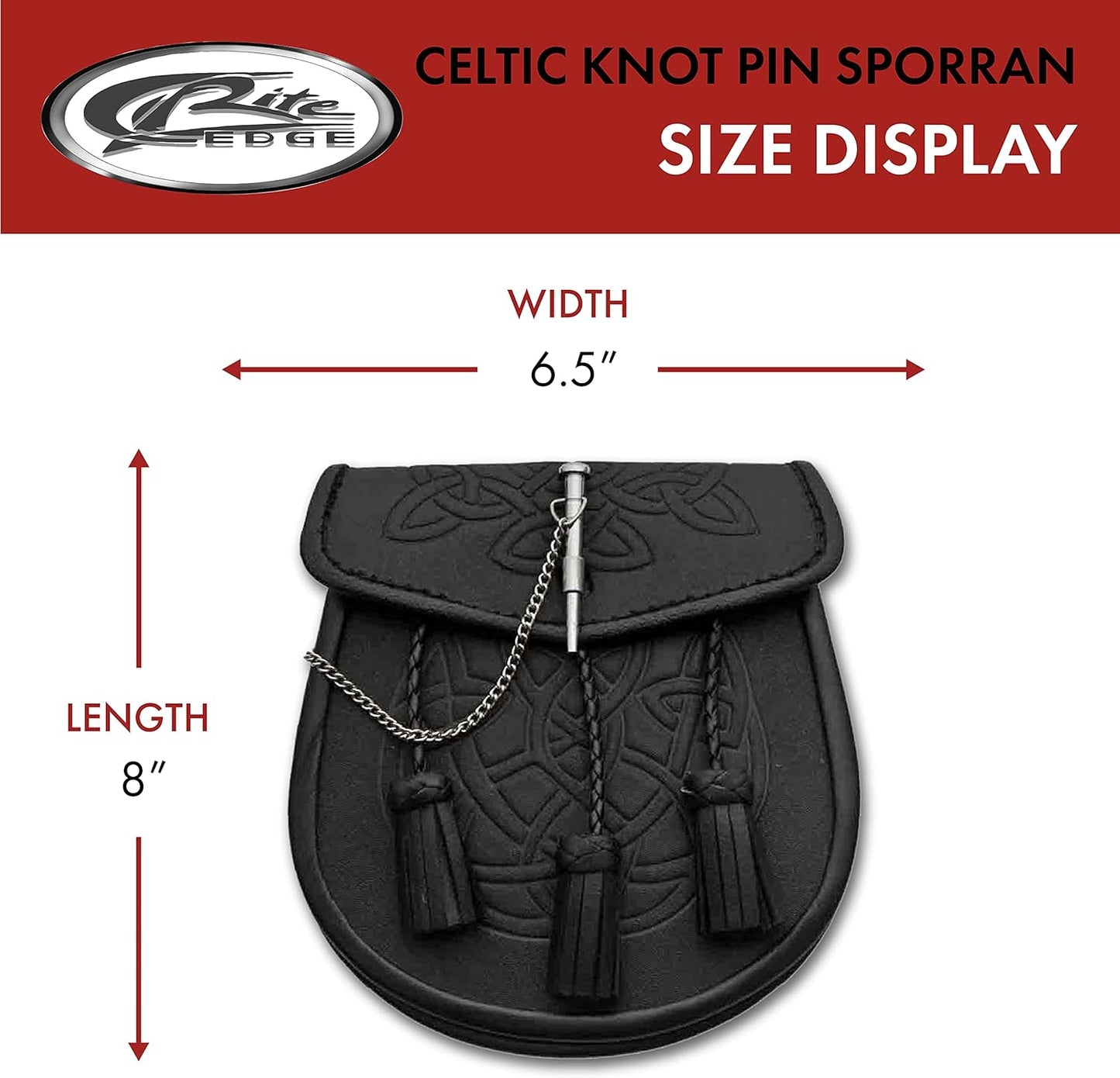 SZCO 8" Celtic Knot Leather Sporran with Adjustable Chain & Belt, Black – Tassel Design, Stainless Steel Pin – Perfect for Kilts, Costumes, and Events