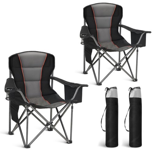 HIGH POINT SPORTS Oversized Camping Folding Chair, Heavy Duty Portable Lawn Chairs, Folding Chairs for Outside with Cup Holder and Cooler Bag for Camp, Travel, Support 450 LBS, 2 Pack, Black