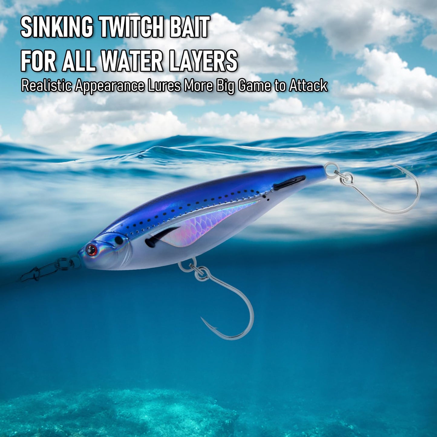 Alwonder High Speed Trolling Lures Saltwater Fishing Lures 6"/3oz Sinking Twitch Bait 7/0 Hook Deep Diving Jerkbait Fishing Plug Offshore Lure for Tuna Striper Mackerel Chrome Blue