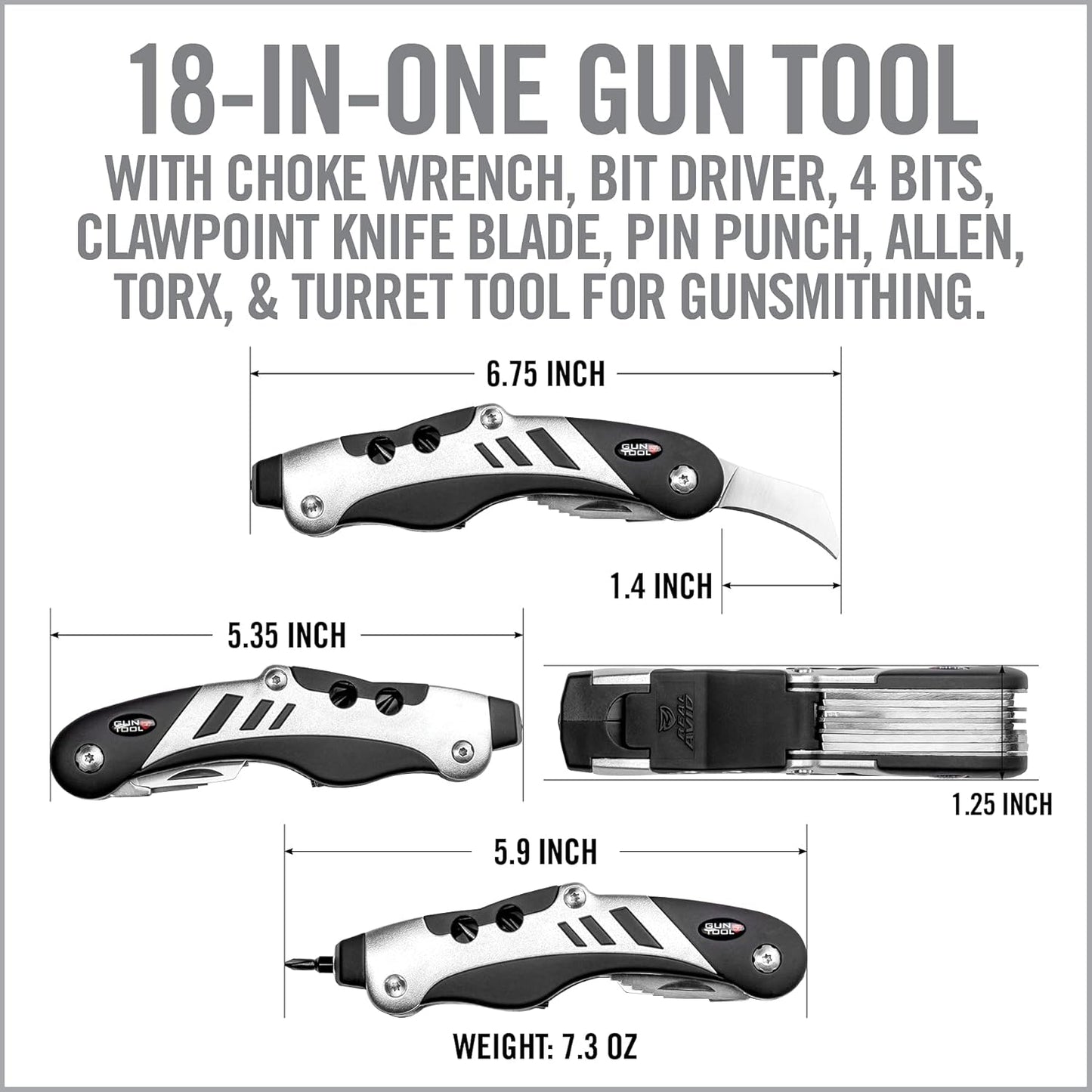 Real Avid Gun Tool - 18-In-1 Gunsmithing Shotgun & Rifle Multi Tool - Bit Driver, Torq Bits, Choke Tube Wrench, Allen Wrench, Scope Tool, & Punch Tool