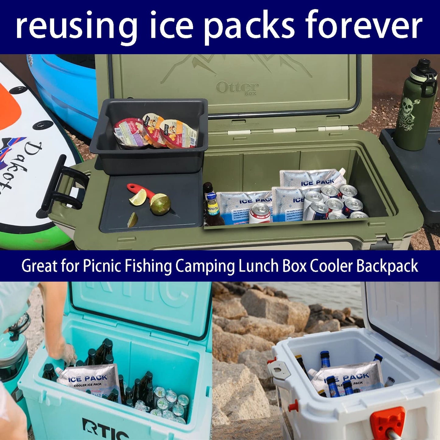 Reusable ice Packs for Coolers, Long Lasting Cooler ice Pack, 24 to 48 Hours of Cold Gel Ice Pack.Lunch Bag CoolerIt can Hold 1400-1600ml of (Blue 6 Piece Set)