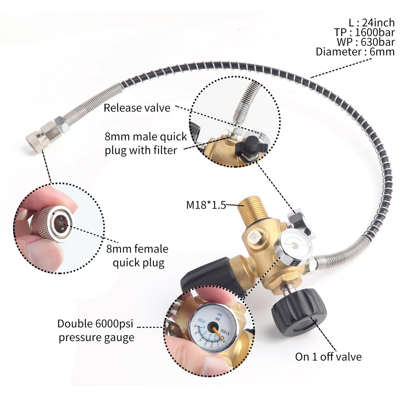 Owfeel M18x1.5 DIN Valve Scuba Adapter with Gauge, 4500Psi/300Bar High Pressure Compressor Pcp Paintball Filling Station,24 inch Soft Hose Pcp Charging Valve for Air Tank, PCP Air Rifle, Paintball