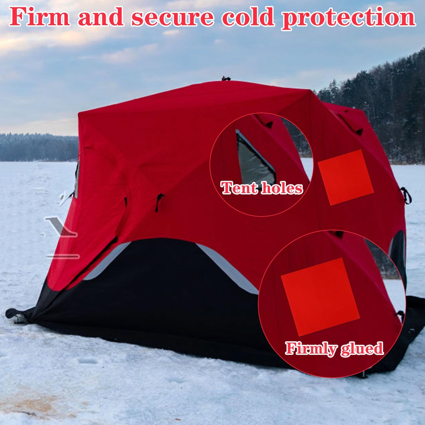 4pcs Tent Patch Kit, 11.81x11.81in Ice Shelter Patch Kit Red Ice Tent Fixer Tear Resistant Ice Fishing Canopy Patch Self Adhesive Ice Fish Shelter Tape Tent Repair Fabric for Ice Tent Umbrella