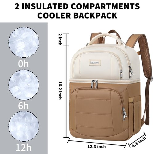 SINVICKO Dual Compartment Backpack Cooler, 12 x 6.6 x 17.3 inch, Apricot & Khaki, Polyester