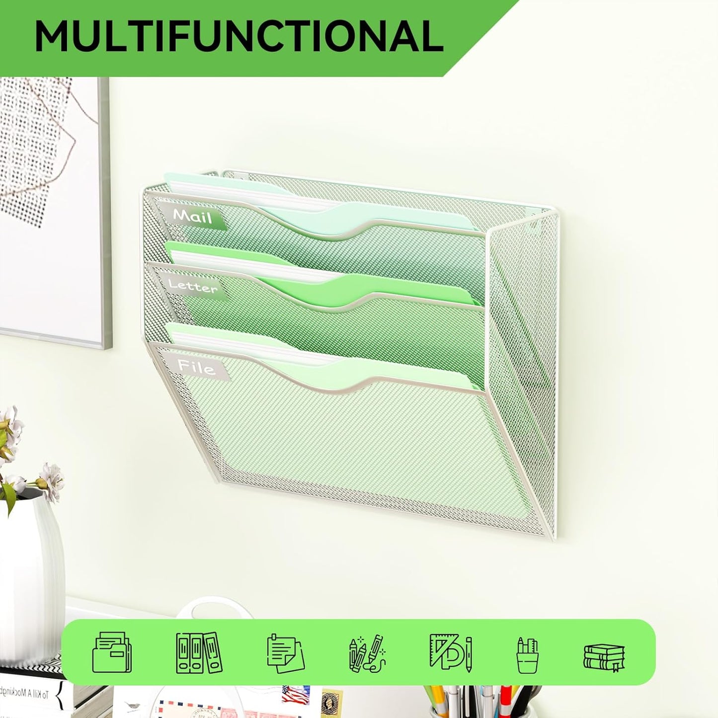 5 Pockets Mesh Hanging Wall File Holder Organizer Wall Mounted Paper Magazine Rack, Black