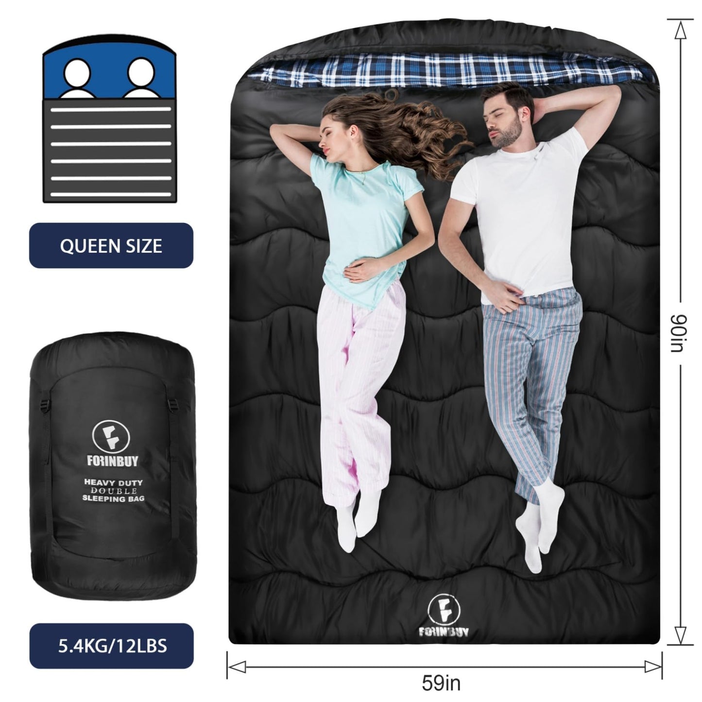 FORINBUY 0 Degree Flannel Double Sleeping Bag for Adults, Couples or Family - Winter Queen Size Waterproof & Warm 2-Person Sleeping Bag for Cold Weather Camping, RV Travel