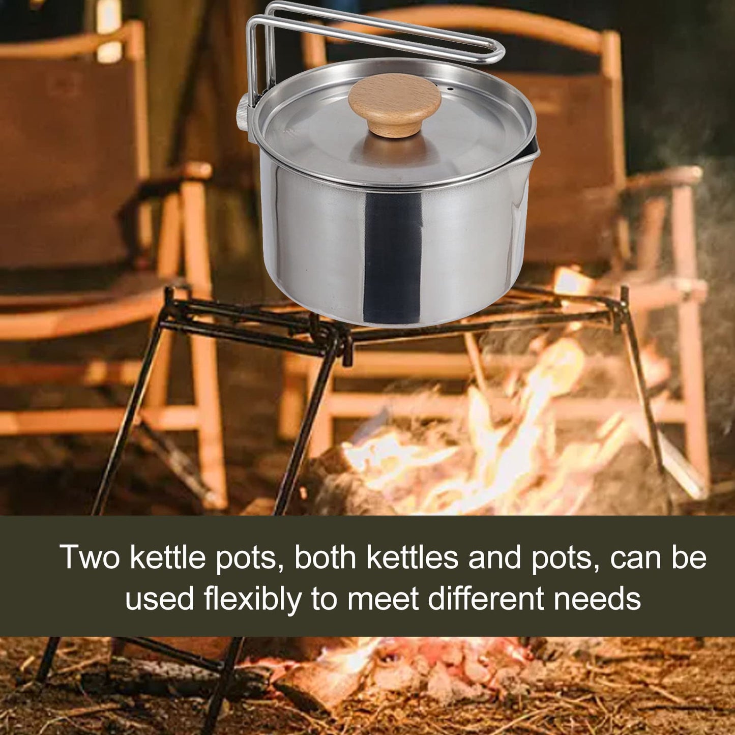 Wisecoco Camping Kettle,1L Stainless Steel Camping Kettle Removable Handle Portable Outdoors Camping Pot Cookware Coffee Tea Picnic Camping Pot with Lids for Hiking Backpacking Picnic