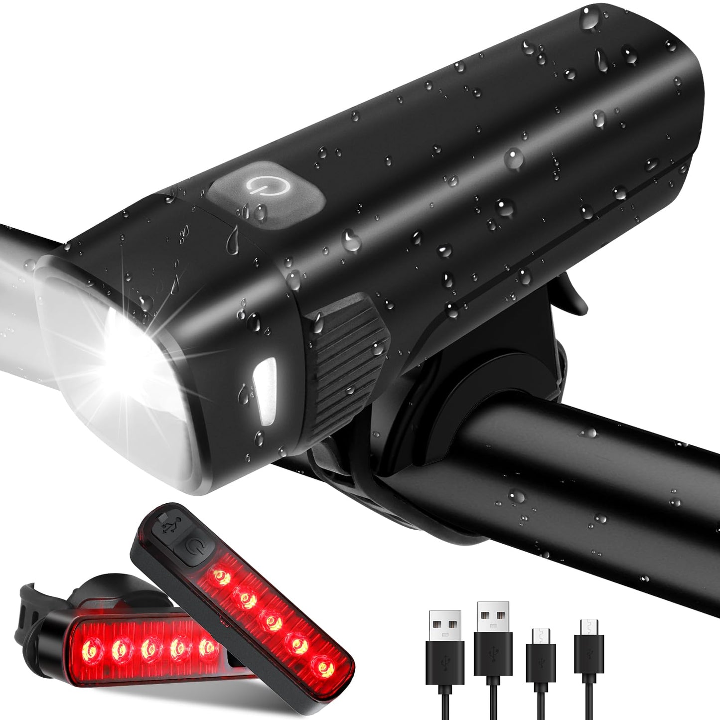 IPX6 Waterproof Front/Rear Bike Light Set (1 Headlight, 2 taillights) – Great for Night Rides, with high lumens, Long Battery Life, 5+4 Modes, Type-C Charging; Ideal for Road/Mountain Bikes.