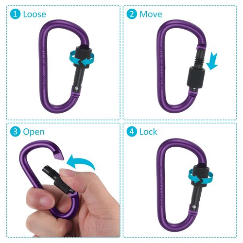 PATIKIL Locking Hook 3", 4 Pack Aluminum D Ring Shape Clip Screw Gate Lock Quick Link for Keychain Outdoor Camping Hiking, Purple