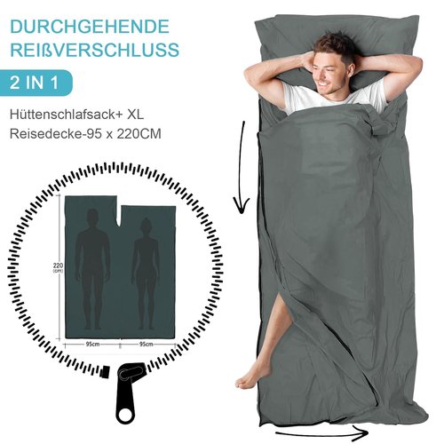Sleeping Bag Liner, Updated Adult Sleep Sack & Travel Sheets with Foot Zipper, Lightweight and Portable Camping Sleeping Bag Liners - Ideal for Backpacking, Hostels and Camping Dark Gray