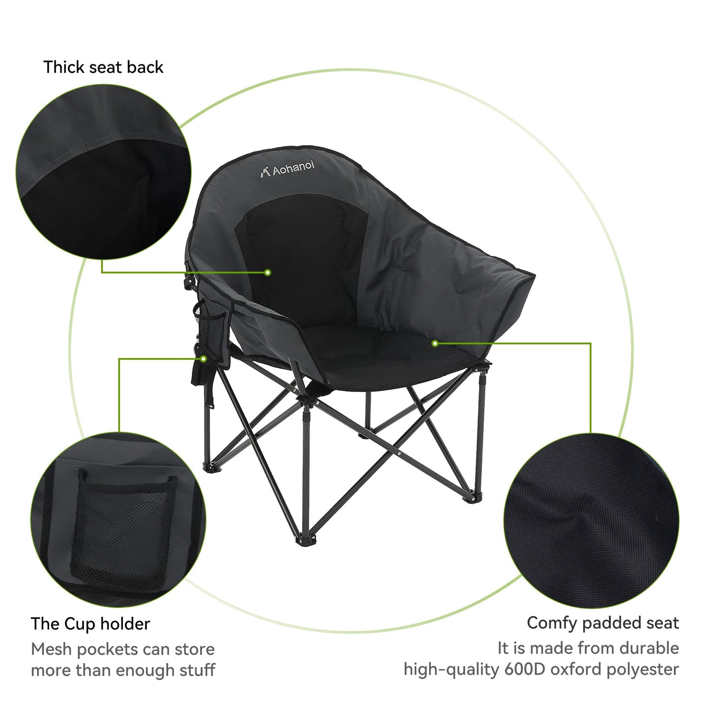 Aohanoi Oversized XL Camping Chairs for Adults, Padded Folding Camp Chair with Extra Wide Seats, Cup Holder & Side Pocket for Outdoor, Lawn, Picnic, Fishing, Sports, Lounge Moon Chairs, Black