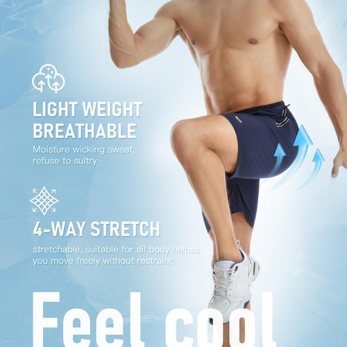 INYO Mens Athletic Short Quick Dry Lightweight Running Shorts Zipper Pockets Breathable Tennis Shorts, Navy Blue, Large