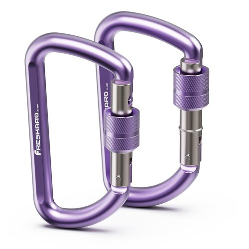 FresKaro Carabiner Clip, Locking and Small Carabiners, Heavy Duty Carbineers, Key and Keychain Clips, Purple Karabiner 3inch, Screw Lock, Aluminum, D-Ring, for Belt, Hammock, Hiking, 2 Pack