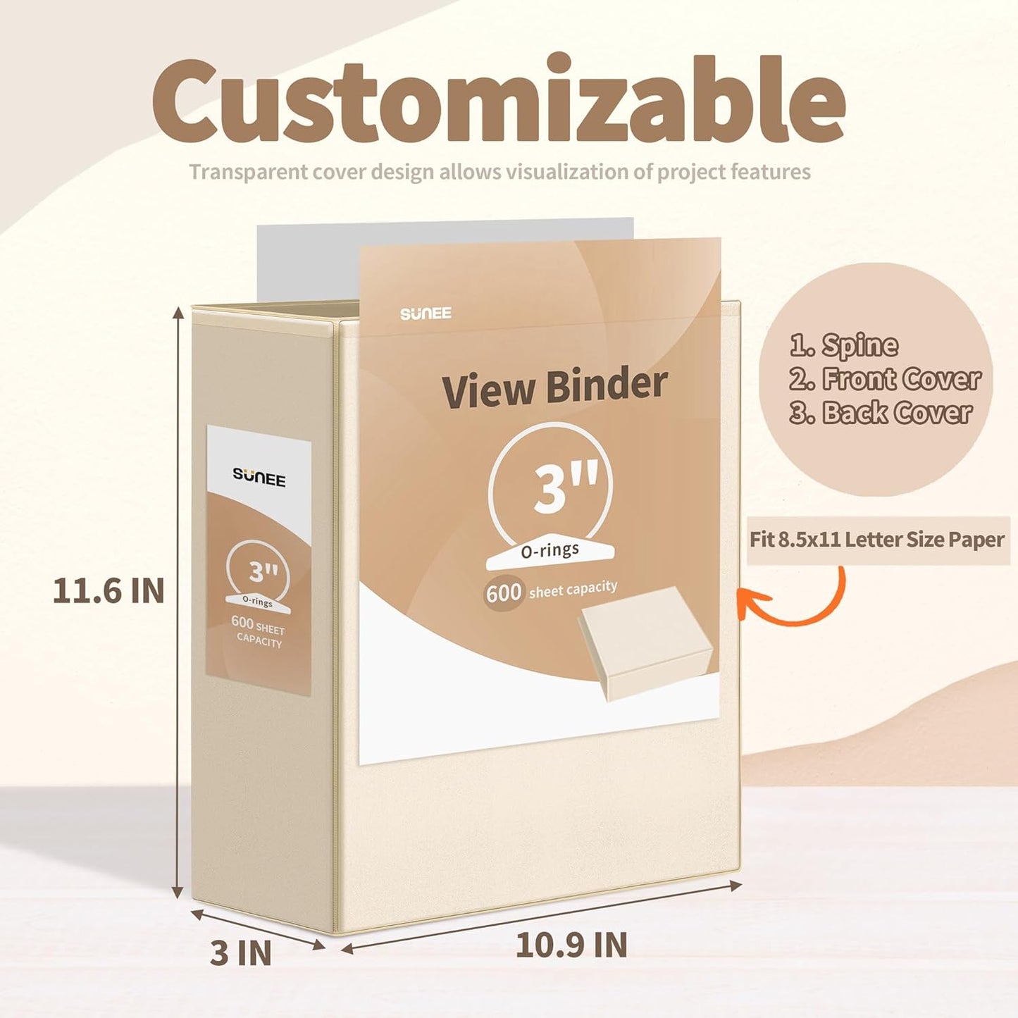 SUNEE 3 Ring Binder 1.5 Inch 4 Pack, Clear 1 1/2 Inch View Binder Three Ring PVC-Free (Fit 8.5x11 Inches) for School or Office Supplies, Neutral Aesthetic
