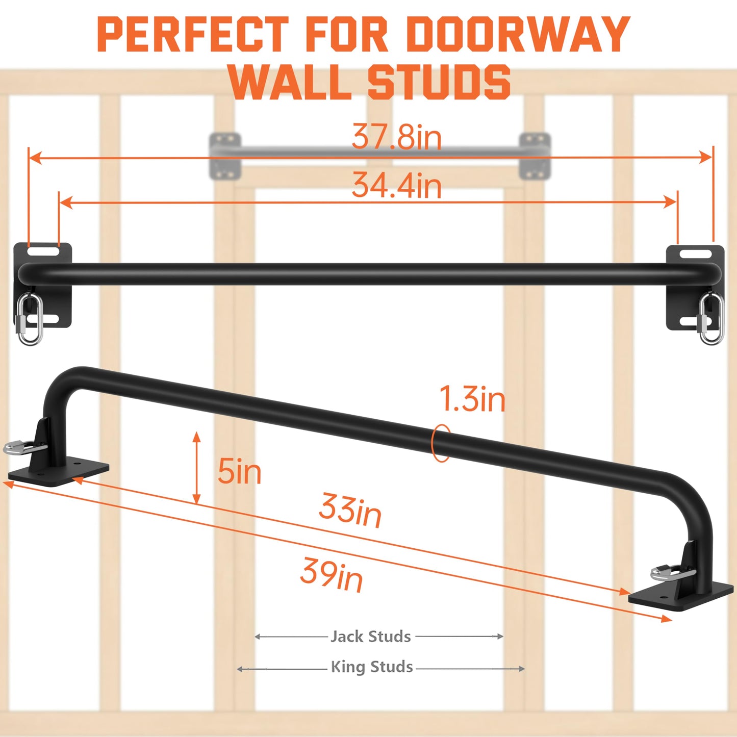 36" Heavy Duty Pull Up Bar Wall/Joist Mounted, 600 LB Capacity, Multi-Grip Bar for Garage & basement rafter Use - All-in-One Workout with Carabiners & Space-Saving Design