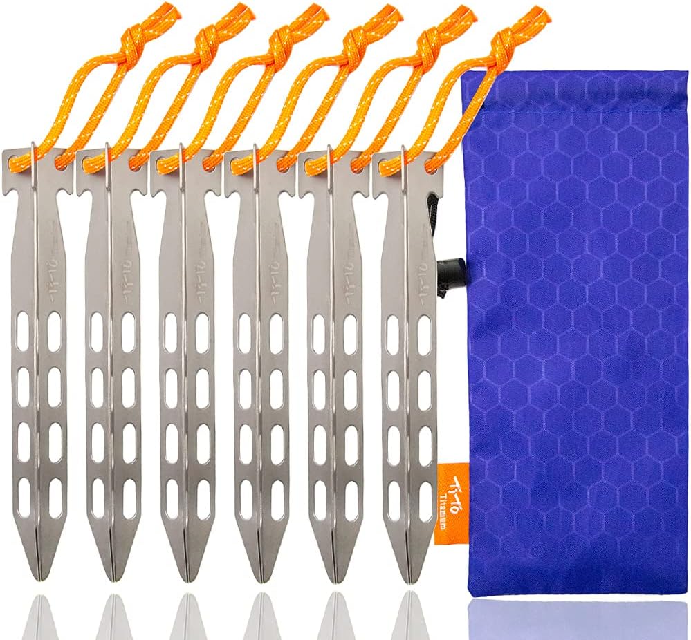 TiTo 6 Pack Titanium Tent Stakes 10X10X160mm V-Shaped Windproof Tent Nail Pegs with Carrying Pouch for Camping, Hiking, Gardening and Canopy (Silver,10X160mm)