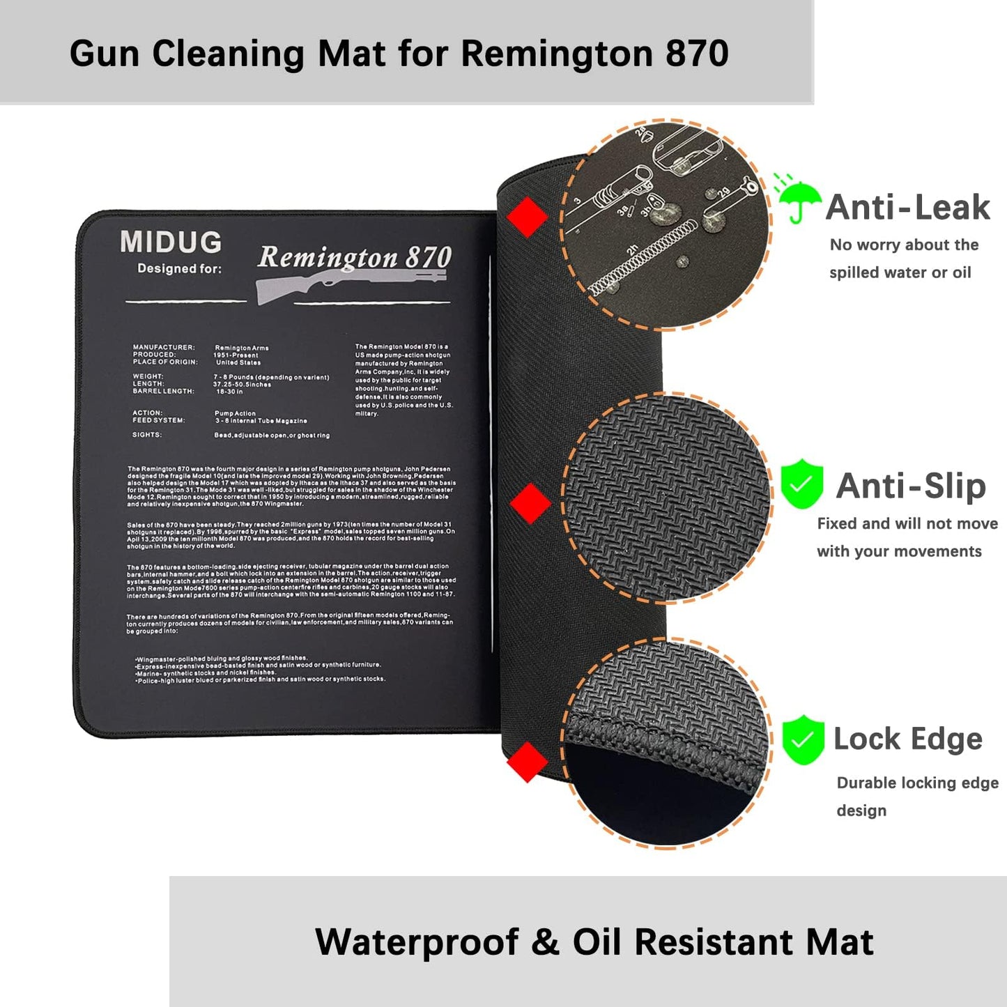 MIDUG Thick Gun Cleaning Mat, Anti-Slip Rubber, 5mm Thickness, 36'' X 12'', Gun Maintenance Mat for Remington 870 Shotgun