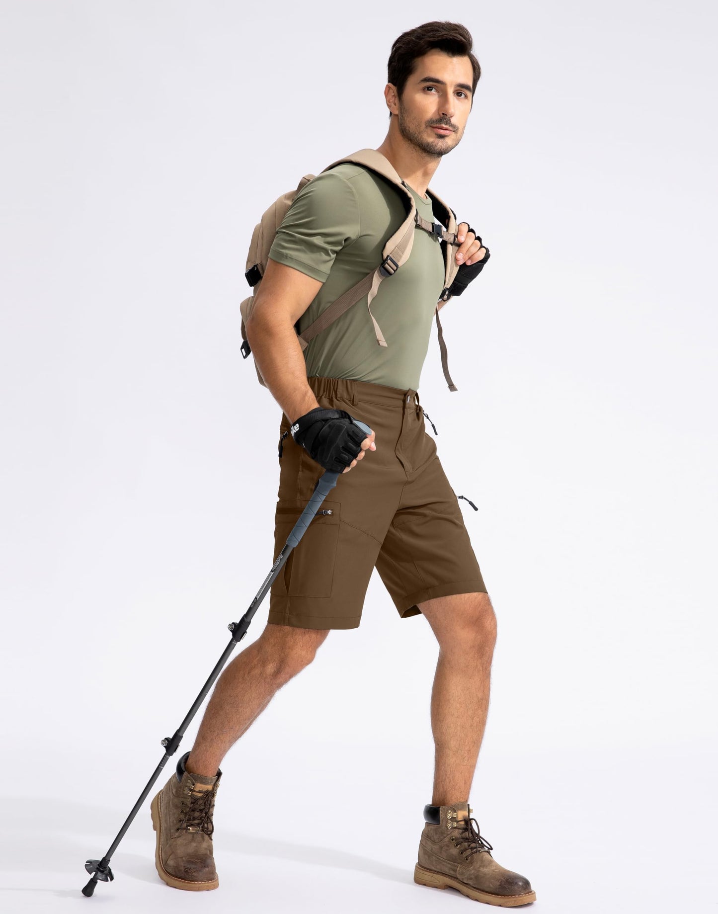 Pudolla Men's Hiking Cargo Shorts 9" Lightweight Outdoor Work Shorts for Men Travel Golf Camping Casual with 5 Zipper Pockets(Brown Small)