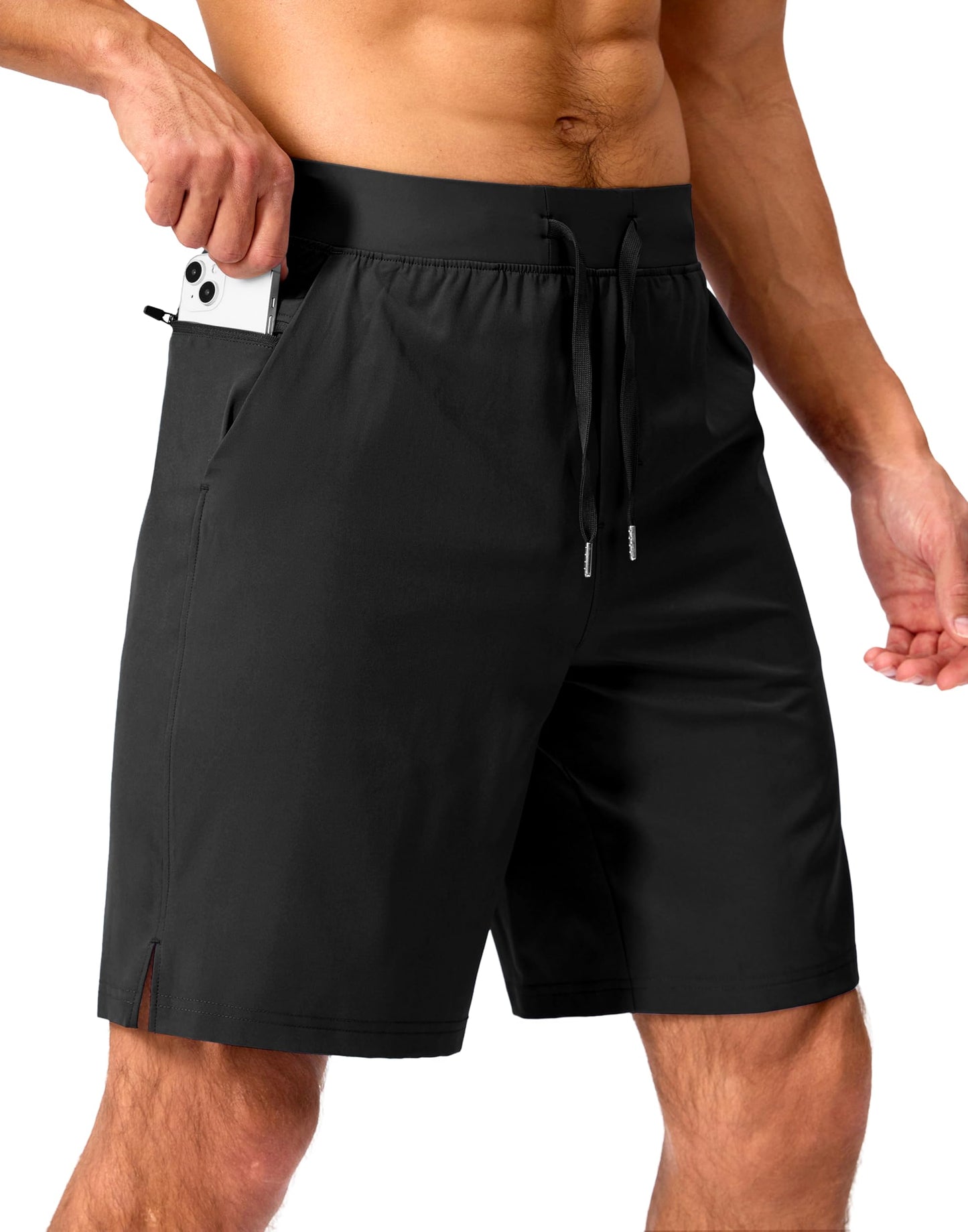Soothfeel Men's Running Shorts with Zipper Pockets 9 Inch Lightweight Quick Dry Gym Sports Athletic Workout Basketball Shorts for Men (Black, XXL)