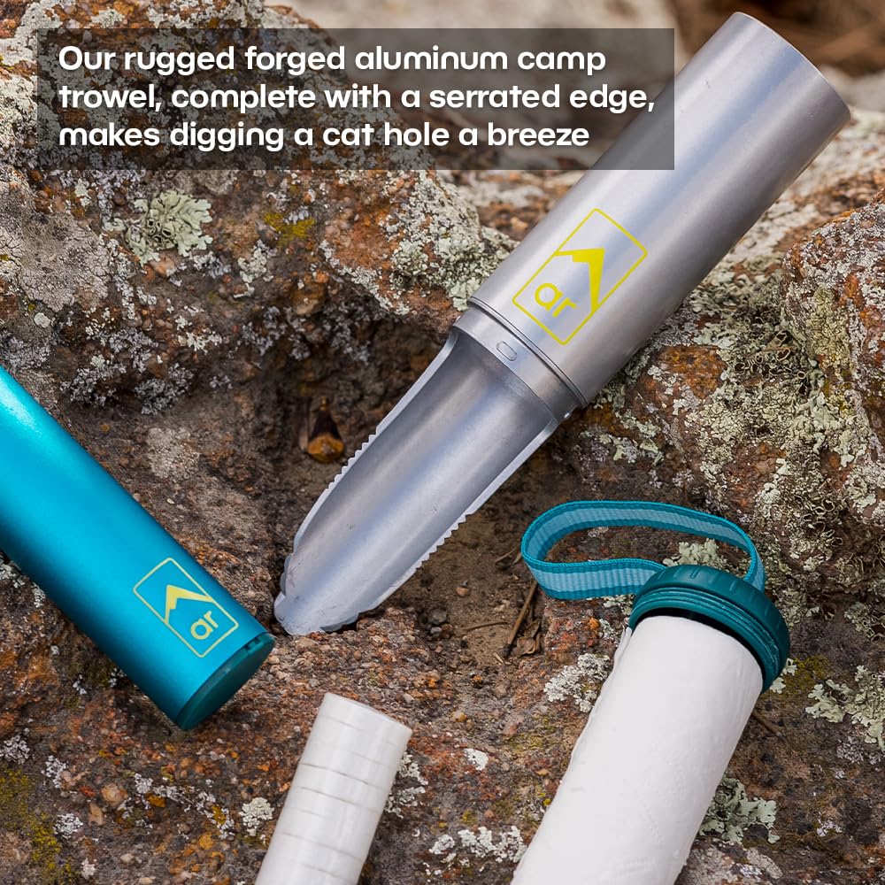 Adventure Ready Backpacking Trowel Toilet Kit - Includes Aluminum Camping Shovel, Toilet Paper, Packout Bags, Soap Flakes & Compressed Towelettes