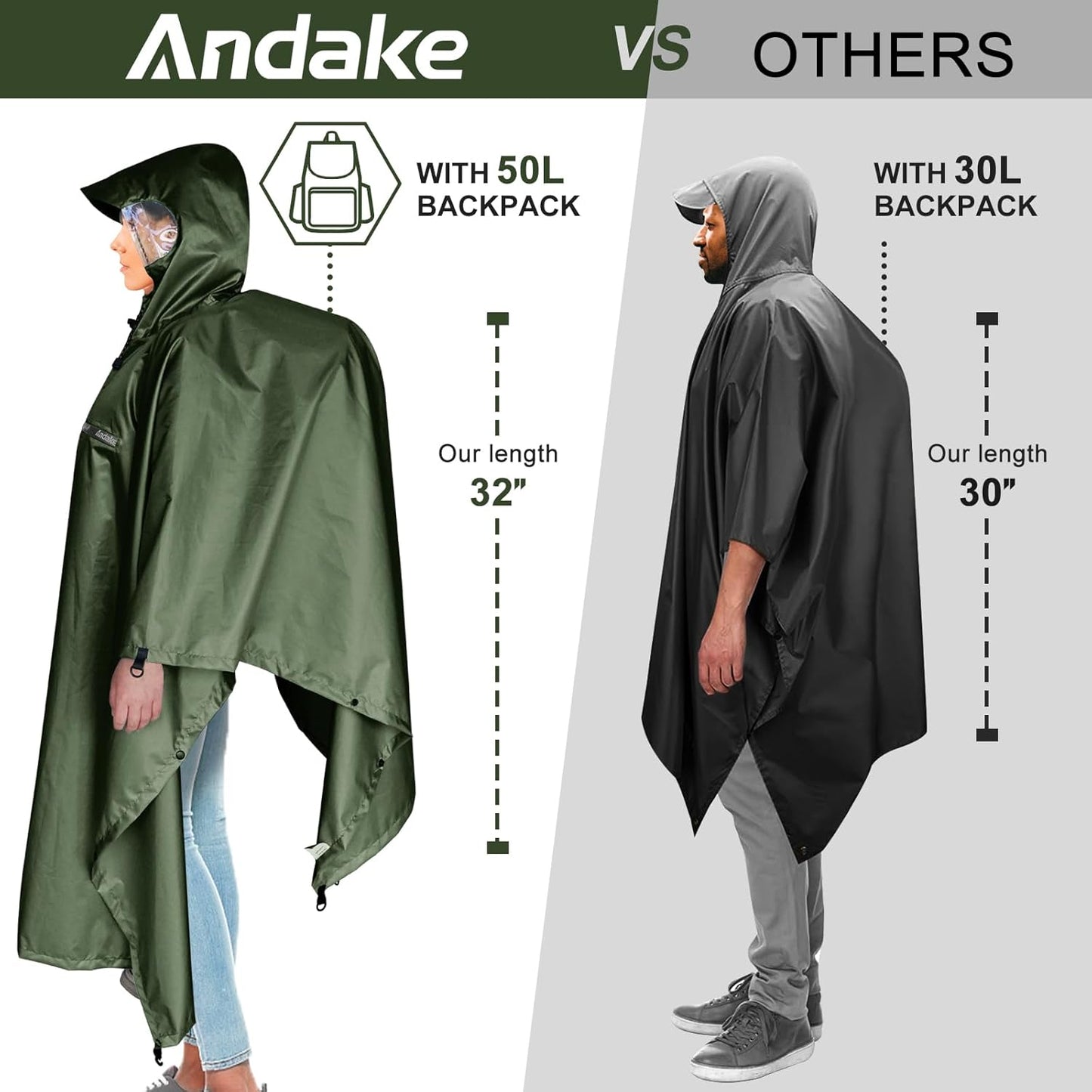 Andake Waterproof Rain Poncho for Adults Unisex,230T Ripstop Polyester,Raincoat Gear with Transparent Viewing Window Outdoors