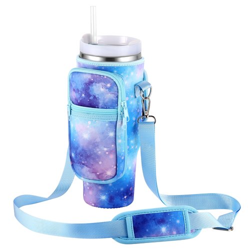OUTXE Water Bottle Carrier Bag for 40oz Stanley Tumbler with Handle& Simple Modern, Water Bottle Holder with Adjustable Strap& Phone Pocket, Water Cup Pouch for Walking, Travel (Blue Starry Sky)