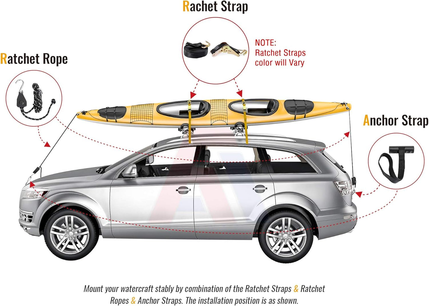 AA-Racks J-Bar Rack Roof Top Mount with 16 Ft Ratchet Lashing Straps, Folding Carrier for Your Canoe, SUP and Kayaks on SUV Car Truck