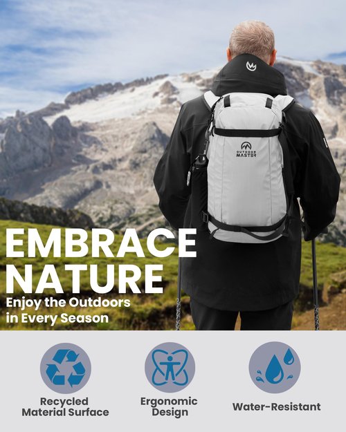 OutdoorMaster Ski Backpack, 35L Sport Backpack for Snowboard, Ski, Hiking, Cycling - Made from Recycled Materials - Grey