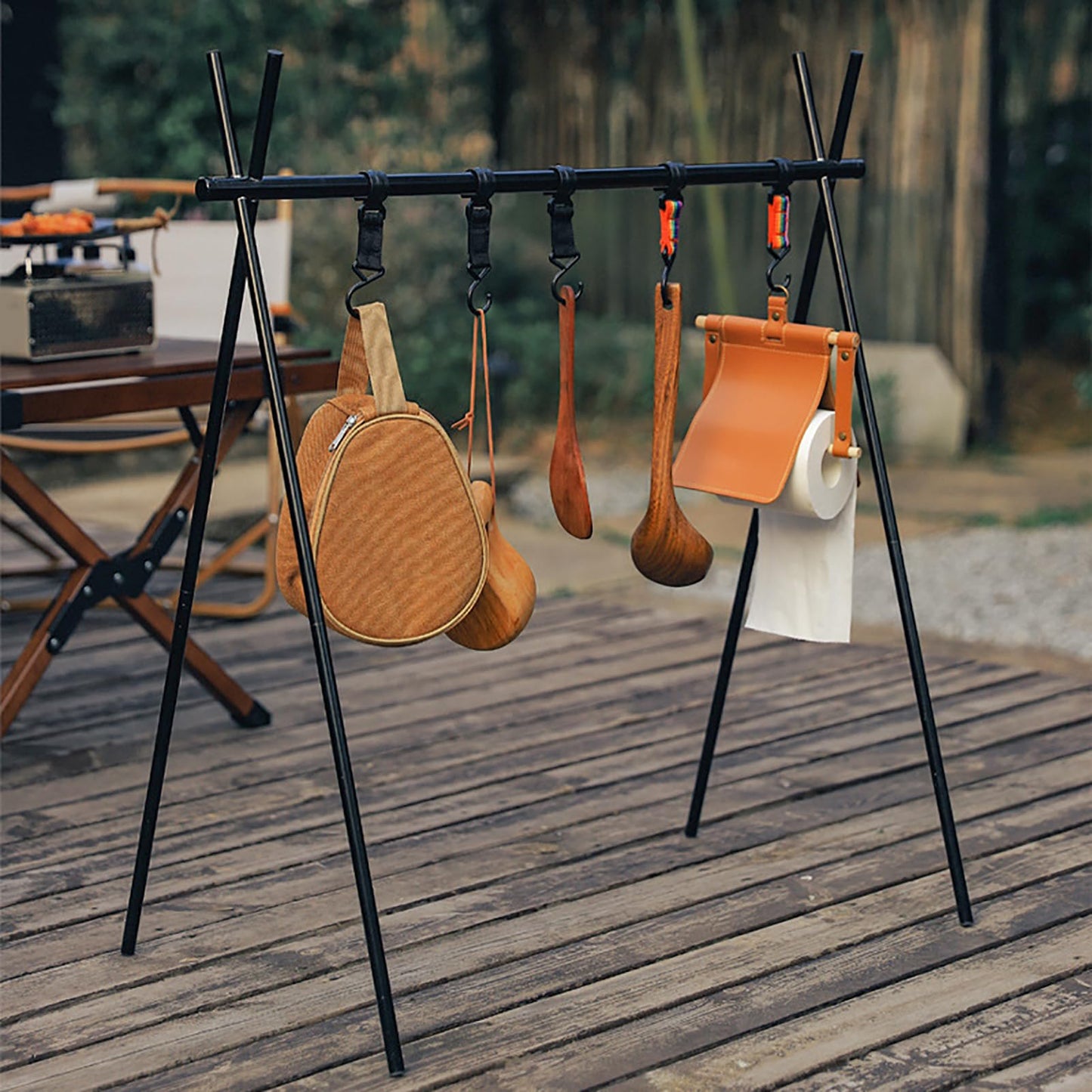 Alomejor Outdoor Camping Hanging Rack Foldable Portable Tripod Stand Quick Setup Lightweight Tools Cookware Storage Organizer Gear for Outdoor Enthusiasts