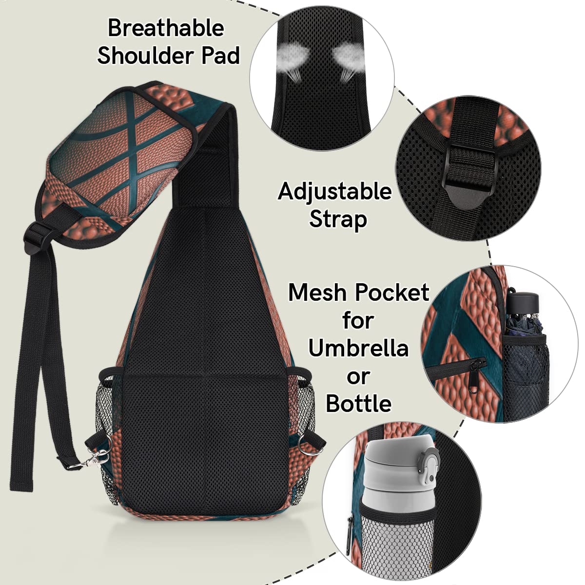 Basketball Ball Sport Sling Bag Crossbody Backpack Casual Chest Shoulder Daypacks For Cycling Hiking Travel