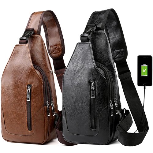 Peicees Leather Sling Bag Mens Crossbody Chest Bag Sling Backpack for Men with USB Charge Port, Vertical Zipper/Light Brown