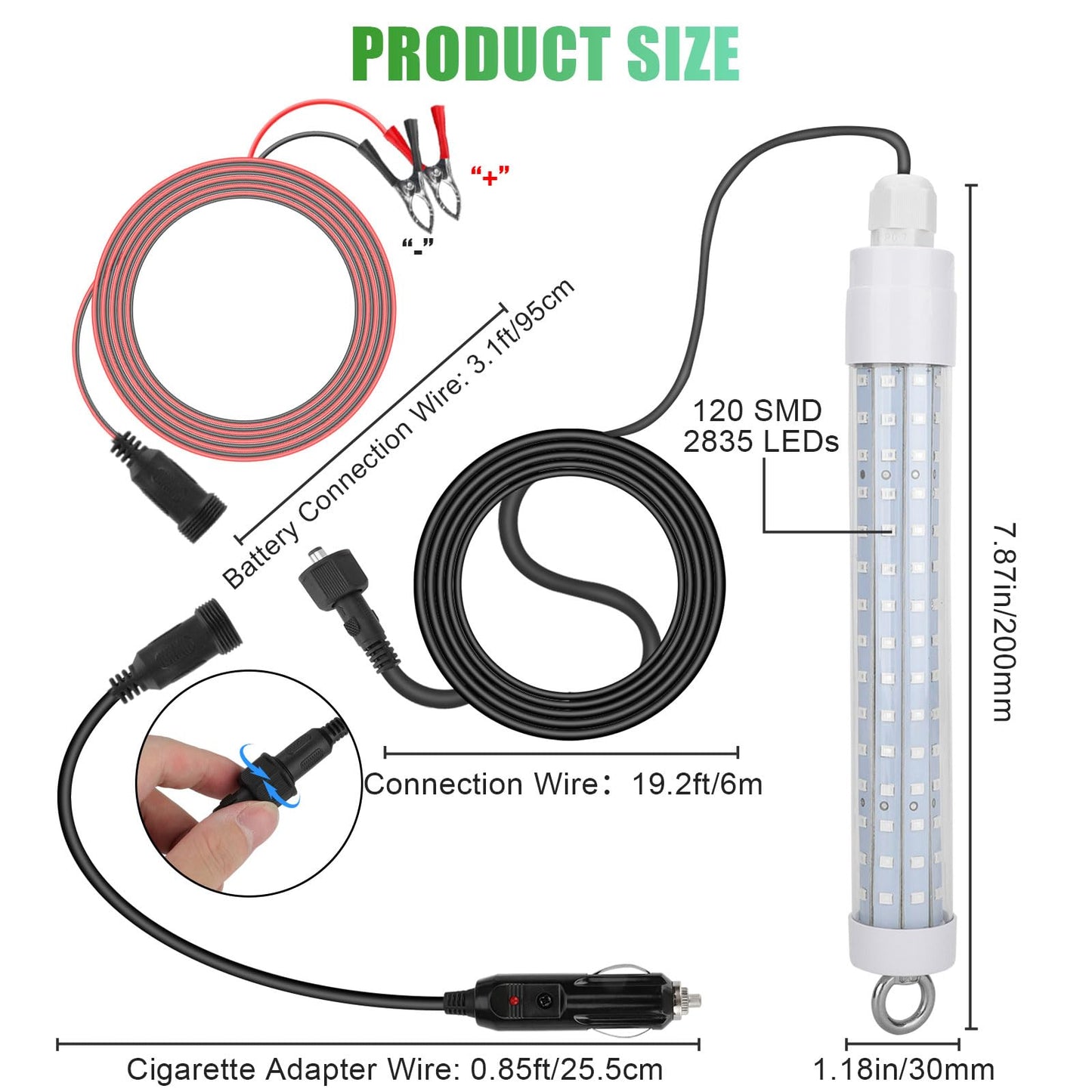 120 2835 SMD LED Underwater Fishing Light，8" 10.5W DC 12V 1000ML Green Night Fishing Finder Attractor, IP68 Submersible Boat Lamp for Lure Bait Snook Crappie, 22.3ft Cord Wire &Cigarette Adapter Wire