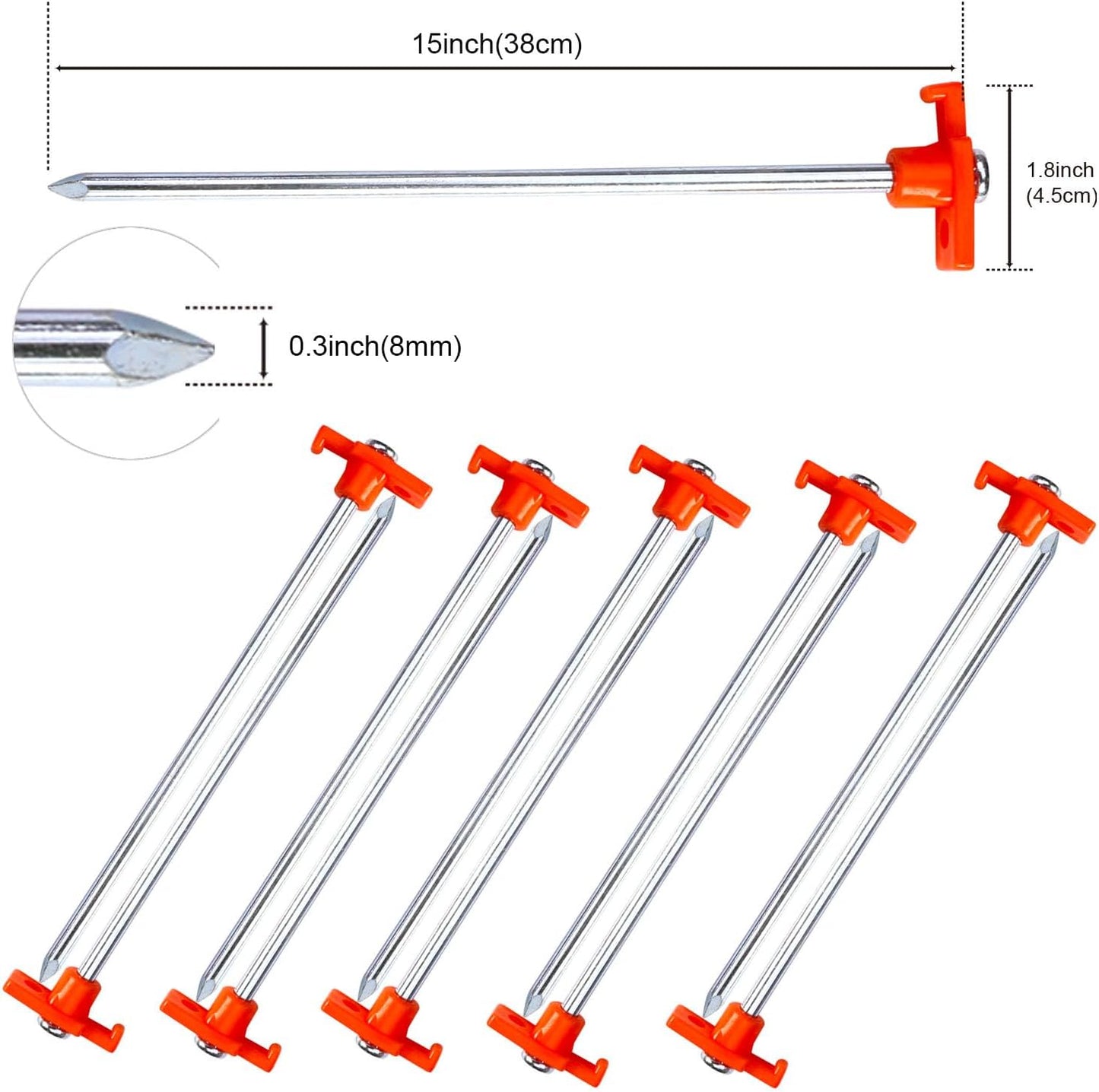 ABCCANOPY 11 Inch Tent Stakes 10 Pcs Non-Rust Metal Ground Anchors, Heavy Duty Spikes with 4 Ropes for Outdoor Camping, Orange