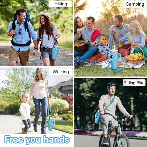 Bringsine Water Bottle Carrier Bag with Pouch Pocket for Stanley 40 Oz Tumbler with Handle, Neoprene Water Bottle Holder Pouch with Adjustable Strap and Carabiner for Stanley Cup Accessories-Blue