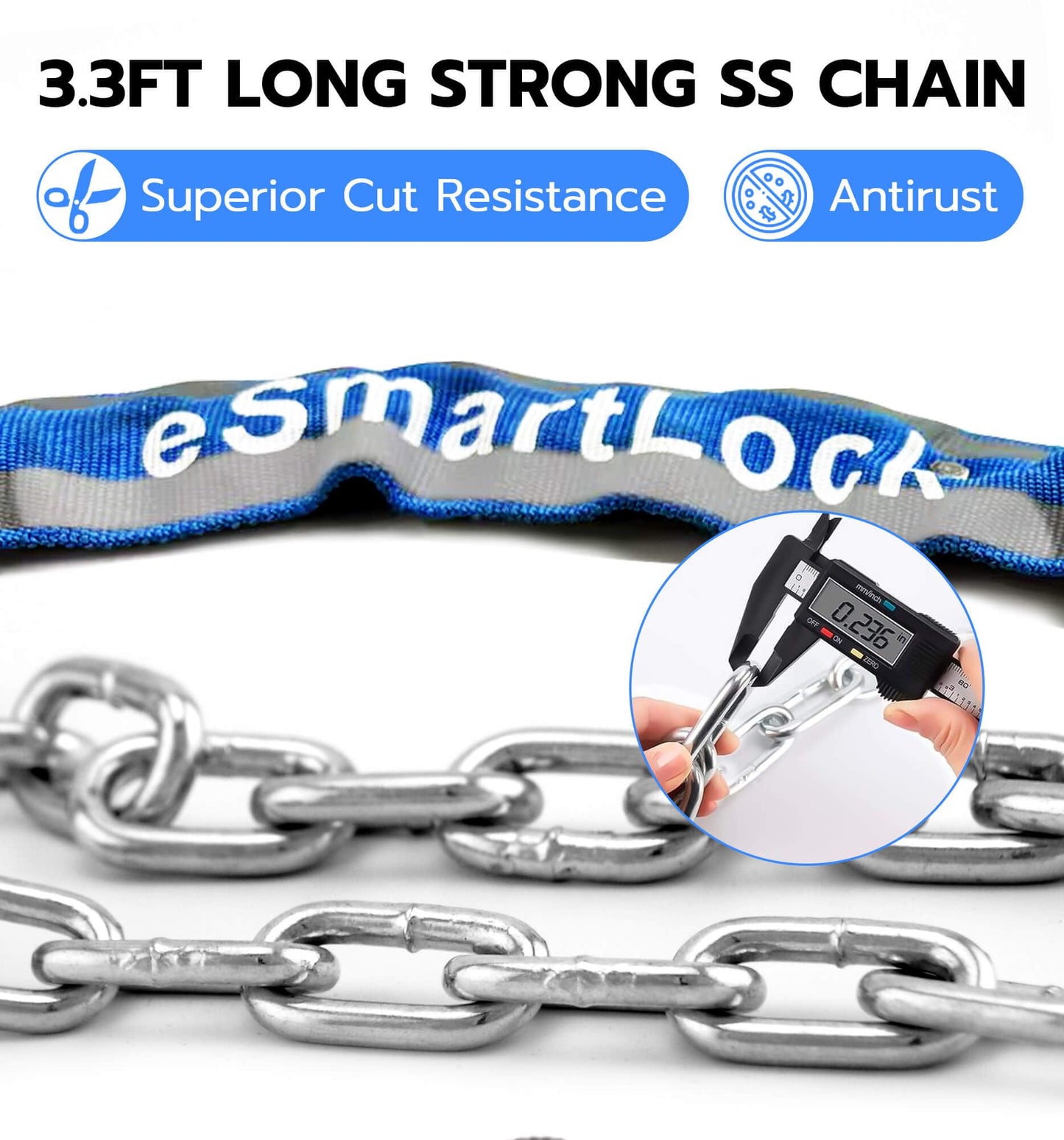Anweller Heavy Duty Anti Theft Chain Lock, 3.3FT Long Keyless Fingerprint Bluetooth Electronic Digital Lock for Bike Scooter Outdoor Fence Gate, Electric Scooter Bike Accessories for Adults - Blue
