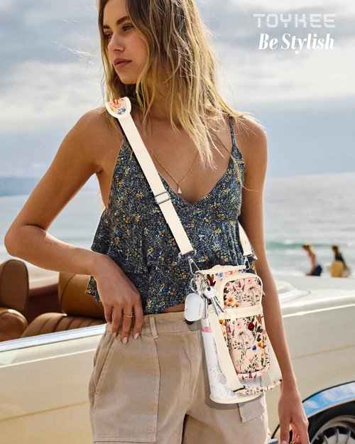 Toykee Water Bottle Bag Holder Carrier With Strap - Beige Flower Floral Crossbody With Phone Pocket Neoprene Shoulder