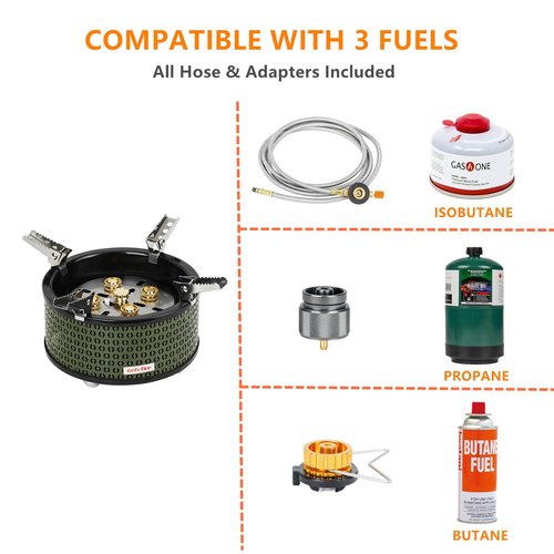 ONLYFIRE Portable Camping Gas Stove with Storage Bag & Foldable Brackets, 5 Burners Camp Stove 3 Fuels Adapters, Propane Stove for Outdoor Cooking Picnic Camping Backpacking Hiking, Green GS344
