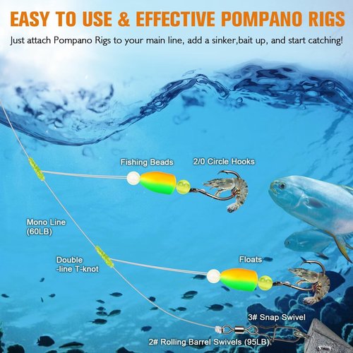 Dovesun Pompano Rigs for Surf Fishing Unique T-Knot Strong Pre-Rigged Pompano Rigs Saltwater Bullet Float(2colors)*2/0 Hook*10PCS