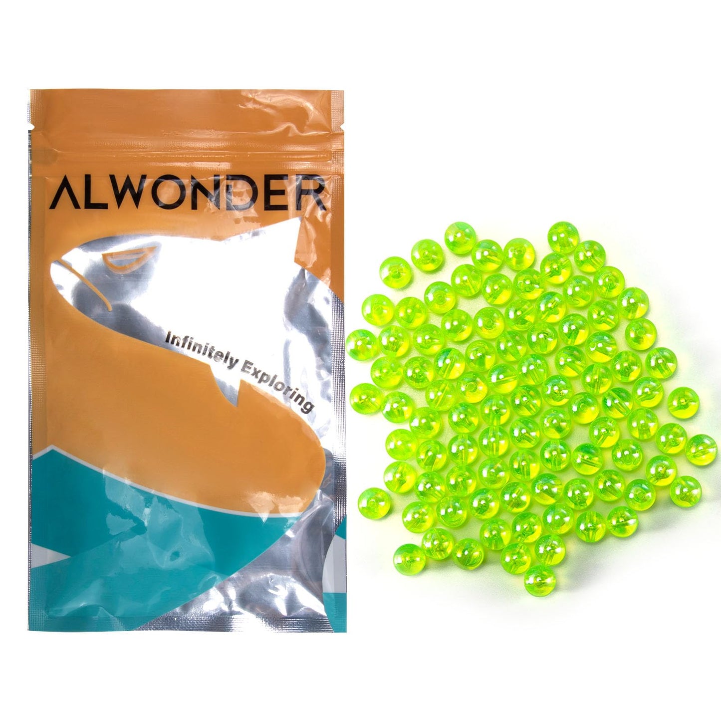 Alwonder 100-Pack Fishing Beads Holographic Beads for Fishing Rigs Lures Salmon Trout Steelhead Fish Bead Saltwater Freshwater Assorted Size 8mm Chartreuse