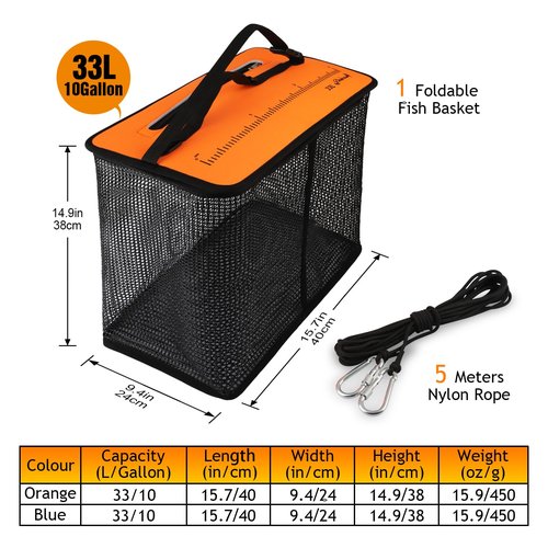 Dovesun Floating Fishing Basket, Collapsible Fish Basket Portable Fishing Net Quick-Drying Rubber Coated Fishing Bait Storage Cage 10 Gallons