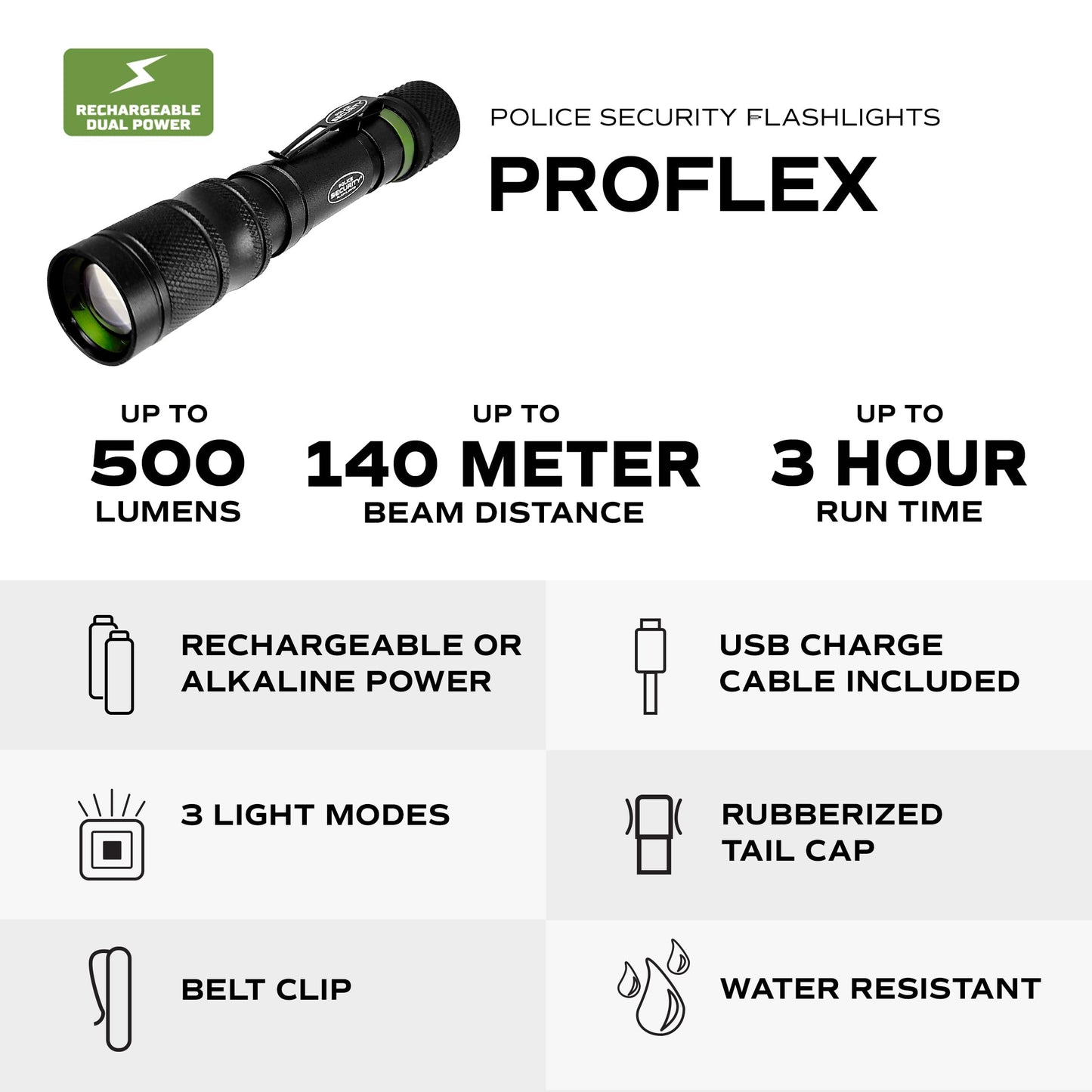 Police Security - Proflex Flashlight - 500 Lumens - Water Resistant
