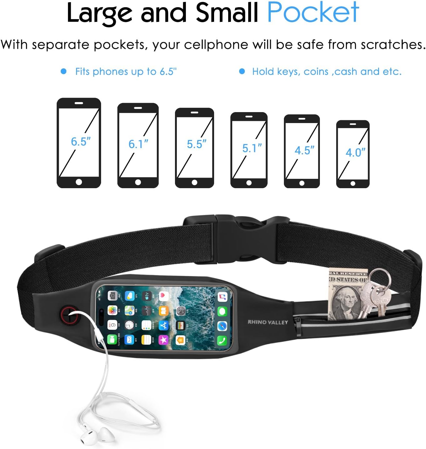 Rhino Valley Running Belt Runners Gifts, Money Belt Phone Holder for Running Hiking Walking Workout Gym Accessories Black Waterproof Fanny Pack for Women Men,Waist Belt Bag with Touchscreen Reflective