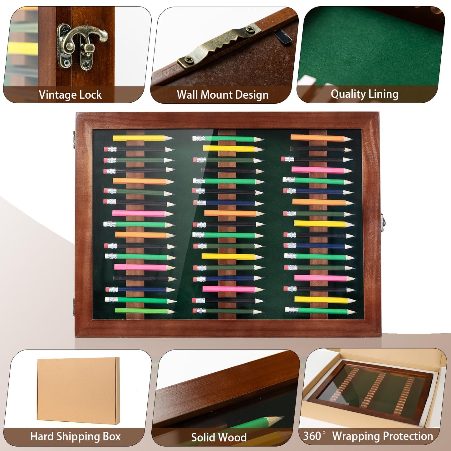 Golf Pencil Display Case Holds 51 Round or Octagonal Golf Pencils Wood Wall Mount Clear Display Case with Acrylic Dust UV Cover