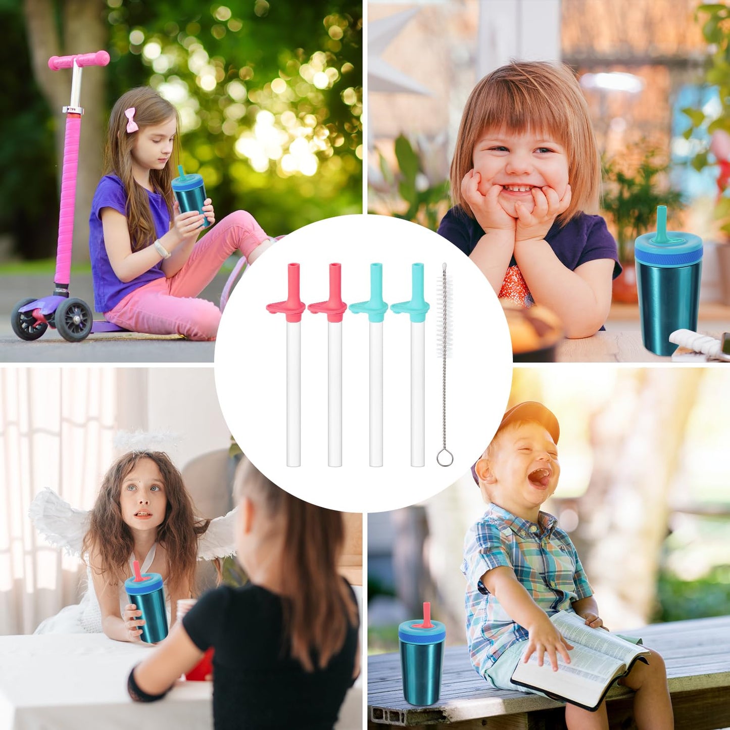 4pcs Replacement Straws with Bite Valve for Zak Designs Kelso 15 oz, with 1 Cleaning Brush Reusable Kids Cup Replacement Straws Accessory for Zak, BPA-Free (Light Blue + Pink)