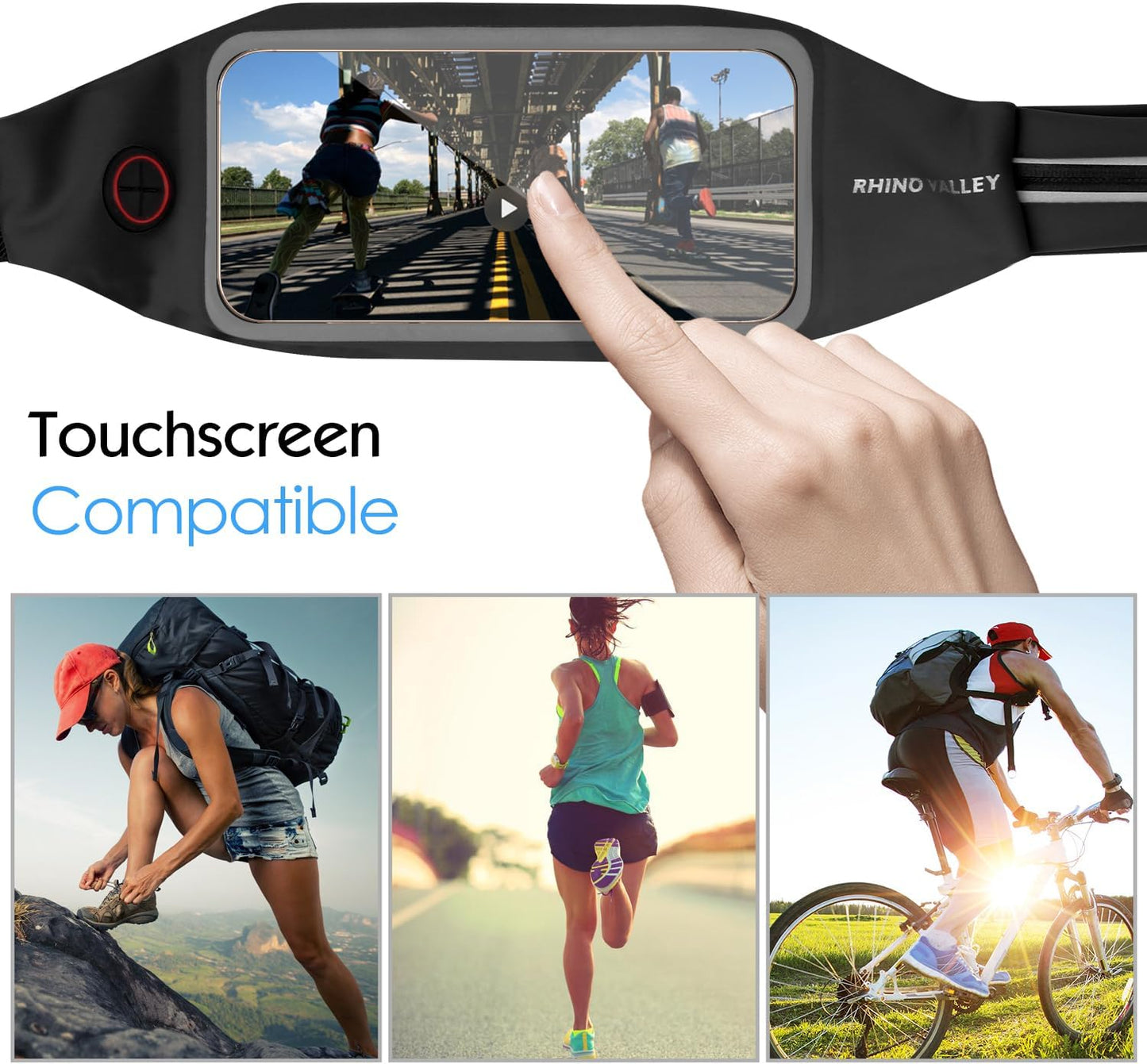 Rhino Valley Running Belt Runners Gifts, Money Belt Phone Holder for Running Hiking Walking Workout Gym Accessories Black Waterproof Fanny Pack for Women Men,Waist Belt Bag with Touchscreen Reflective