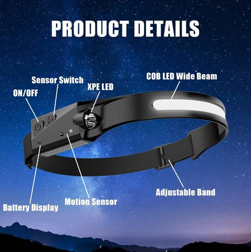 Grip XPE LED Headband Light - 220 Lumens - 5 Modes - 180 Degrees - Motion Sensor Activated - Water Resistant - Running, Camping, Hiking, Auto