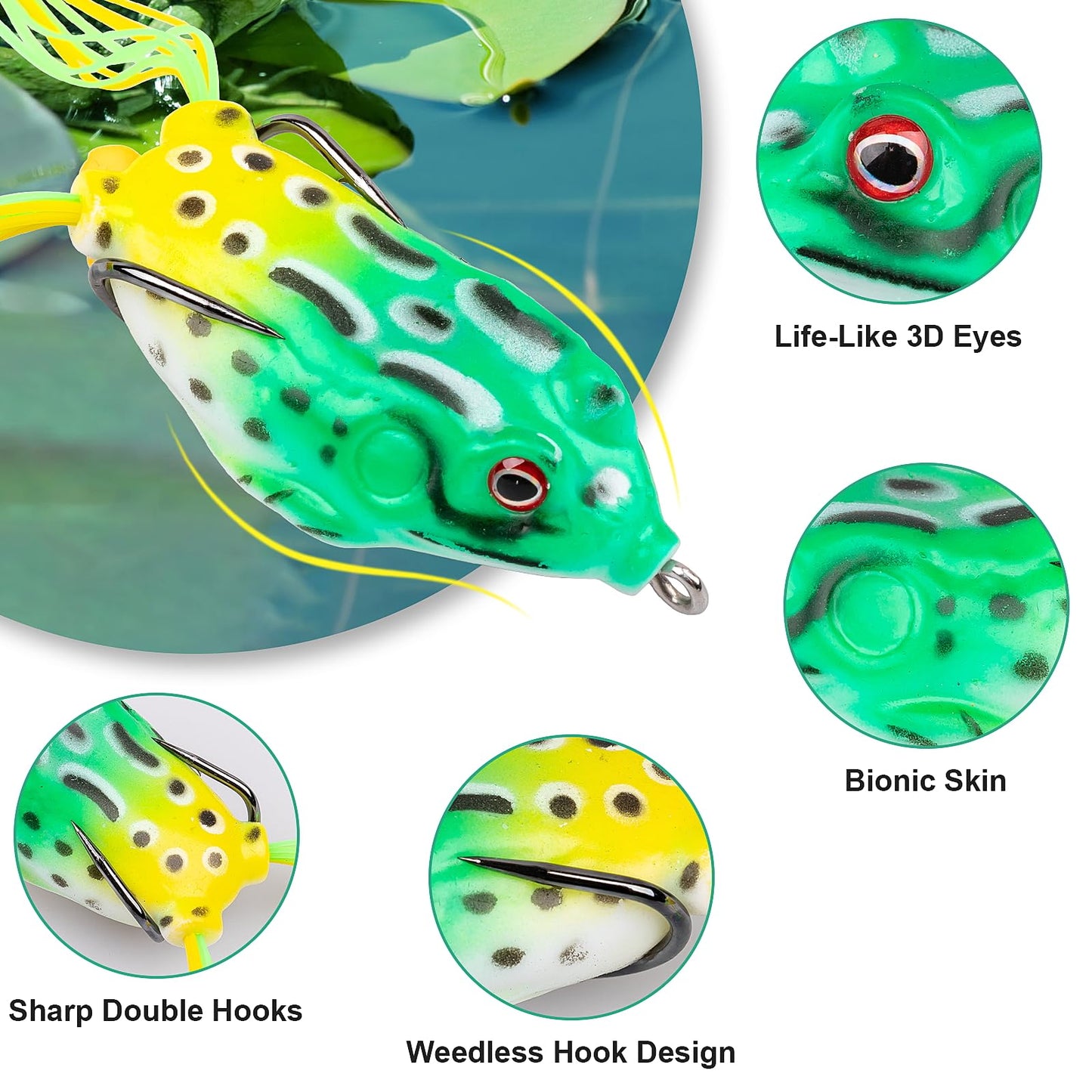 5 PCS Topwater Frog Lures Soft Silicone Fishing Lures Kit - Realistic Design Frog Swimbait with Weedless Hooks and Portable Box, Suitable for Freshwater and Saltwater Bass Fishing